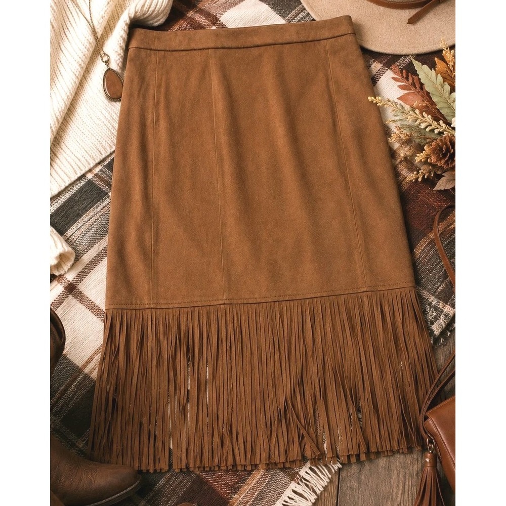 Philosophy Faux Suede Fringe Skirt Women Medium Brown Western Boho Midi Festival